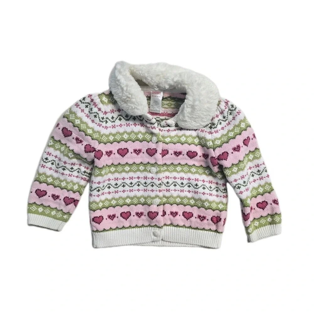 Gymboree Heart Pattern Cardigan Sweater FauxFur Collar Baby Girl 18-24 Month Y2K